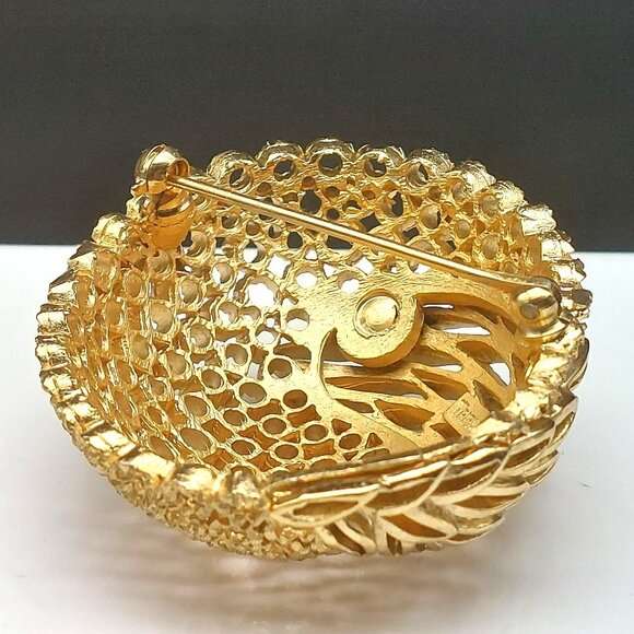 Vintage Crown Trifari Gold-Tone Leaf Motif Oval Brooch Pin Mod Retro Openwork De - Picture 4 of 8